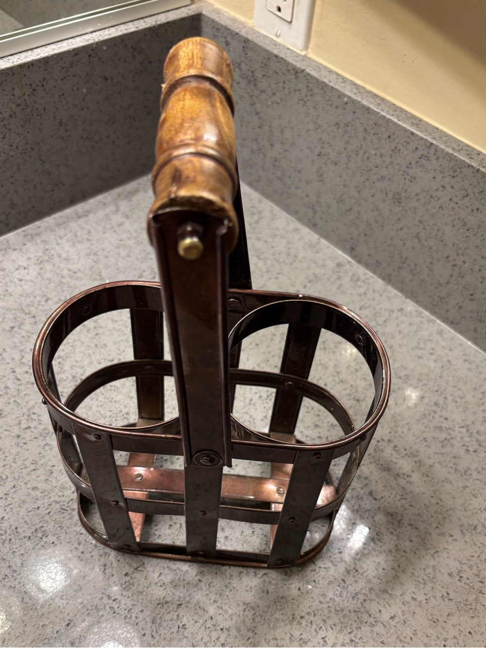 Metal Bottle Carrier with Wooden Handle - Rustic Copper Tone for Two
Bottles